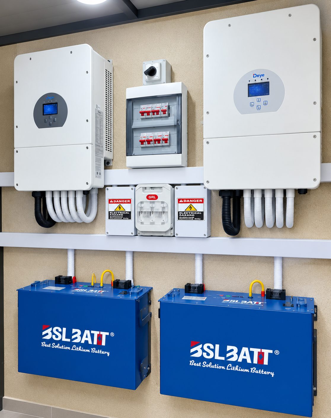 Deye inverters and BSLBATT lithium battery units installed indoors