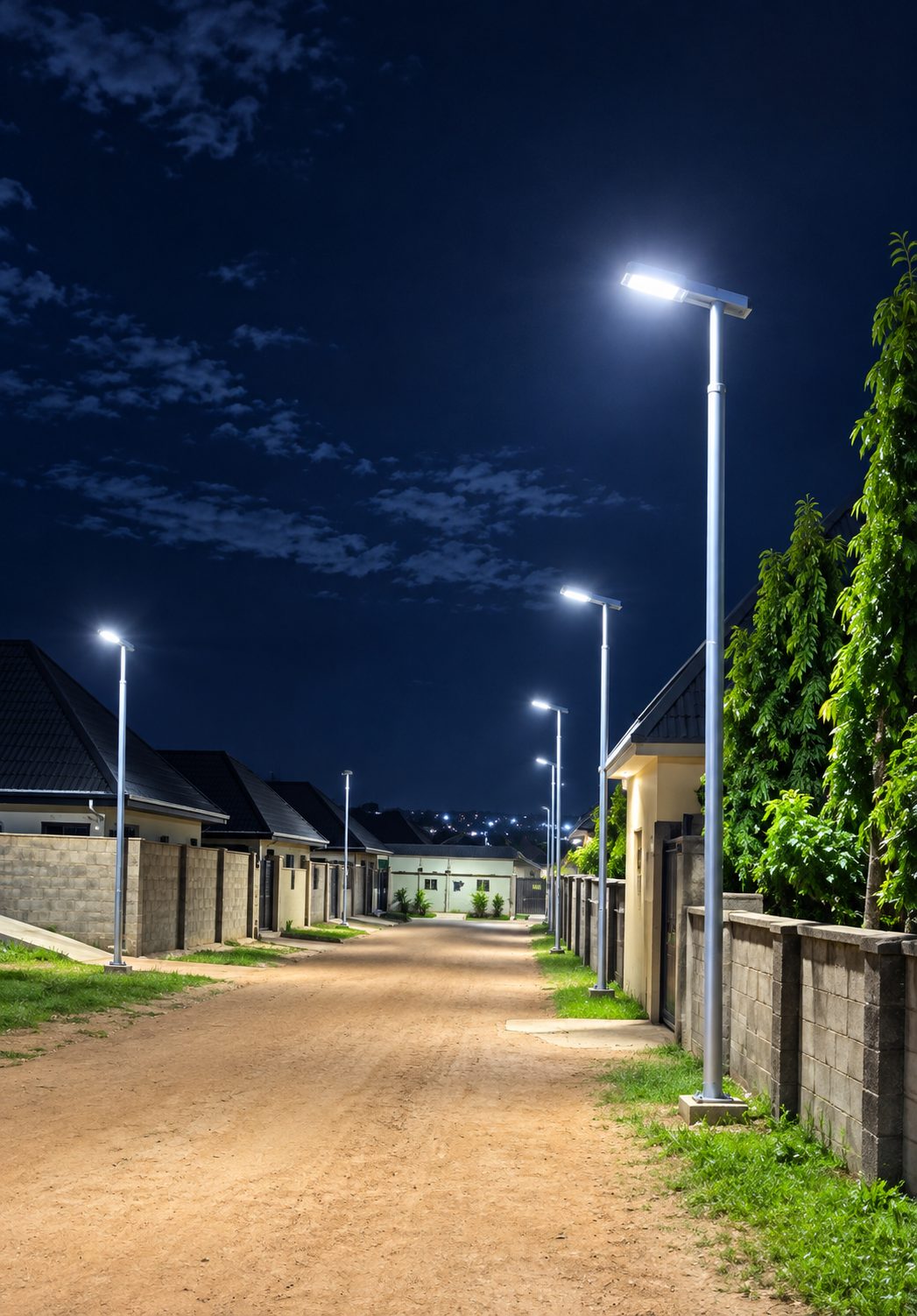 Solar street lighting illuminated at night along a residential estate road