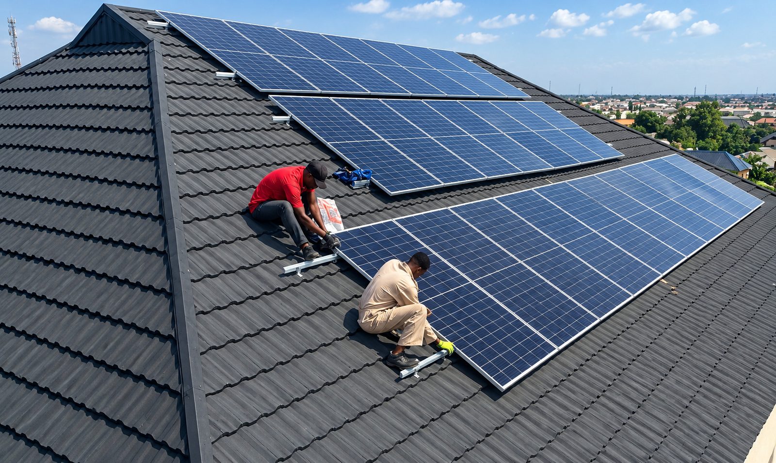 Field engineers installing rooftop solar panels on a dark-tile residential roof